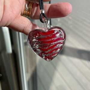 Handmade Red Foil Lined Glass Heart Necklace on 18” Cord